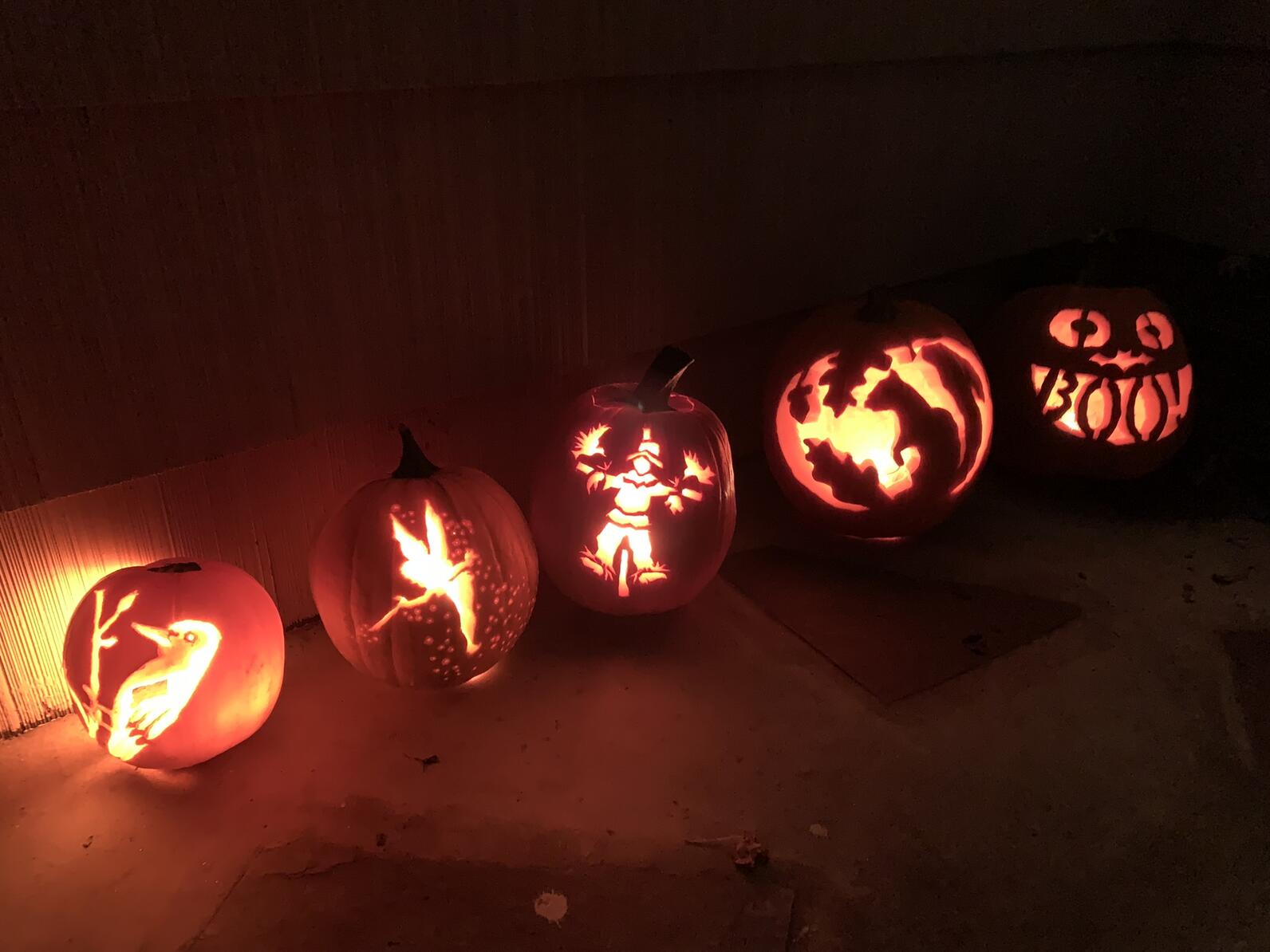 A row of glowing carved pumpkins featuring a woodpecker, fairy, scarecrow, squirrel, and a wide-smiling face that says "BOO!"
